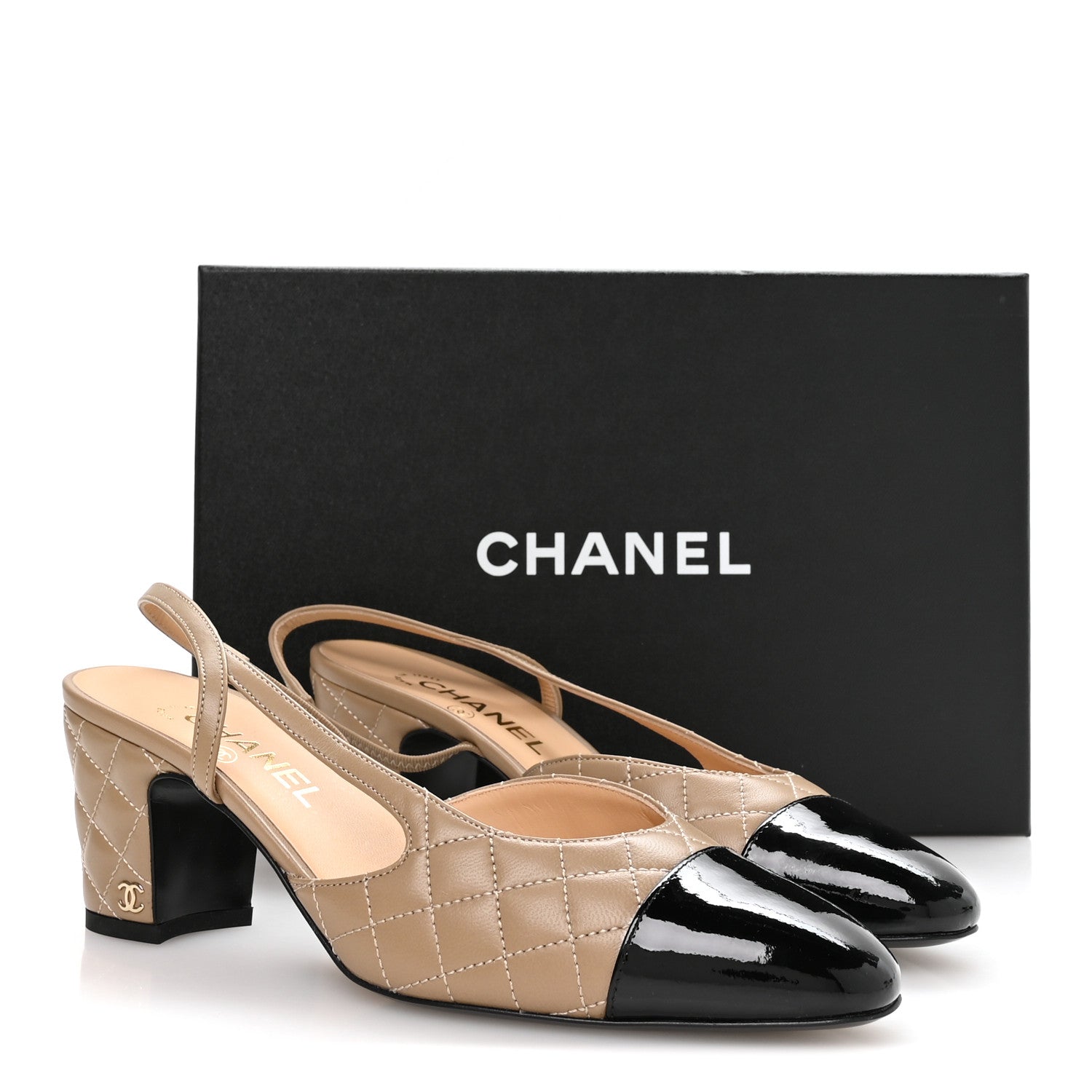 CHANEL BEIGE BLACK CAP TOE CC SLINGBACK PUMPS BEIGE