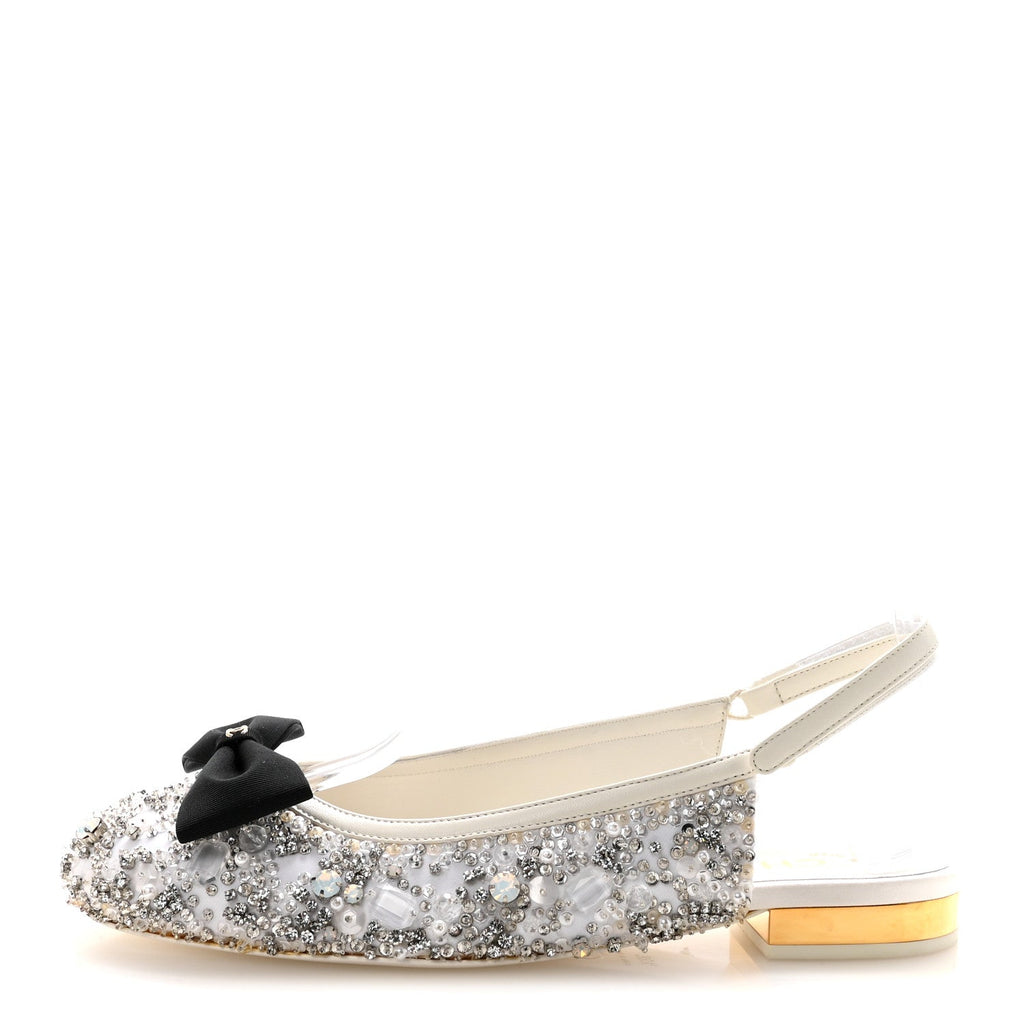 CHANEL SATIN CRYSTAL LAMBSKIN GROSGRAIN BOW CC SLINGBACK FLATS WHITE BLACK