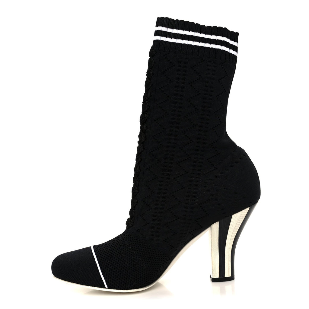 FENDI FF ROCKOKO STRETCH FABRIC OPENWORK SOCK BOOT BLACK & WHITE PEARL