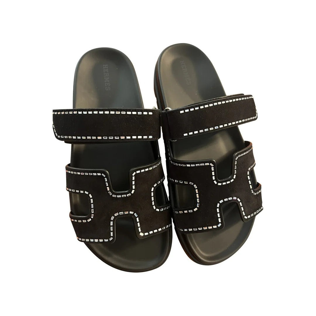 Hermès Chypre Sandal - Black with white stitching