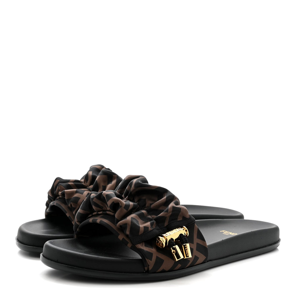 FENDI FEEL SATIN SLIDE SANDALS BLACK & WHITE