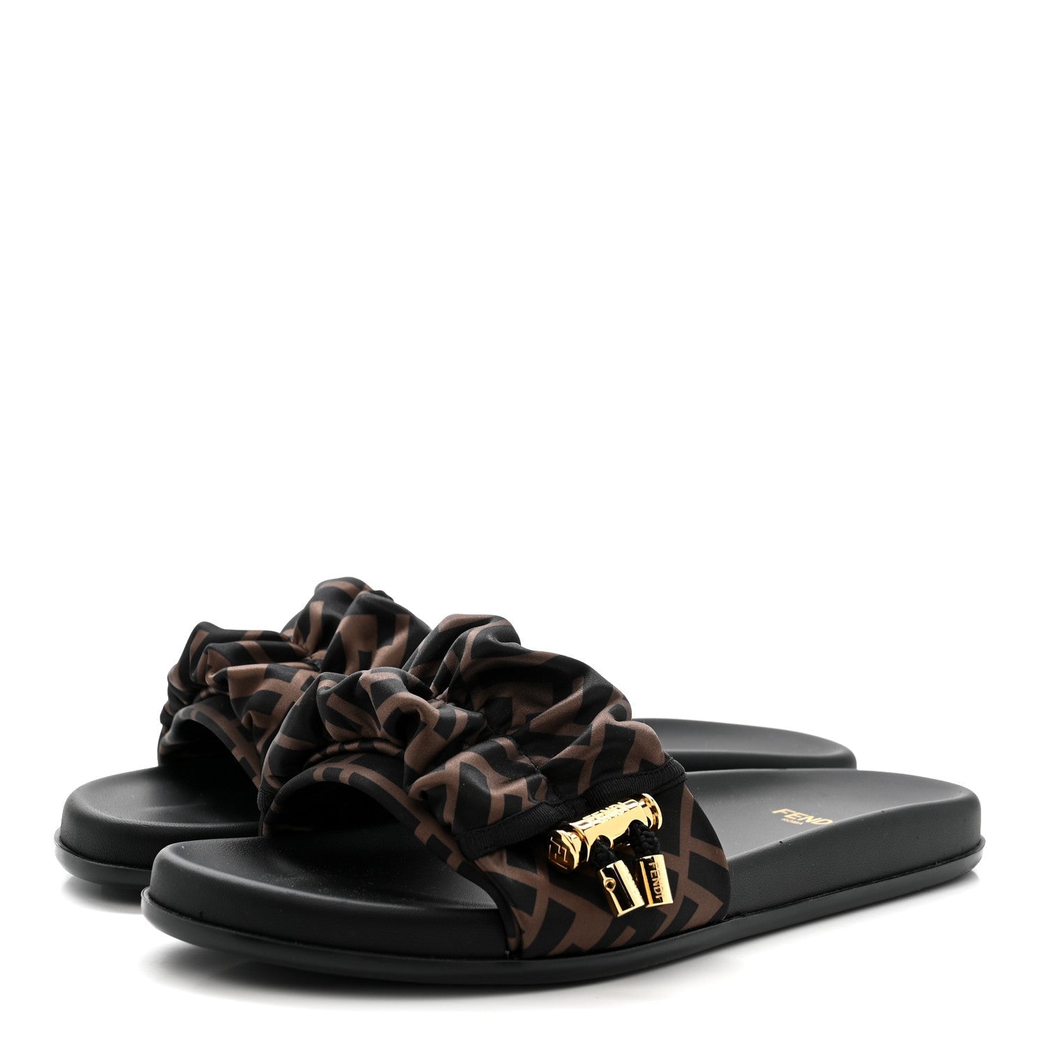 FENDI FEEL SATIN SLIDE SANDALS BLACK & WHITE