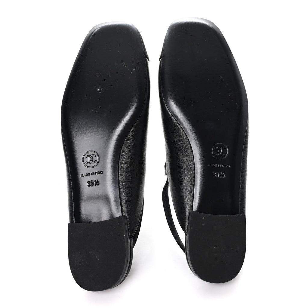 CHANEL SATIN CRYSTAL LAMBSKIN GROSGRAIN BOW CC SLINGBACK FLATS BLACK SLINGBACK WITH PEARLS