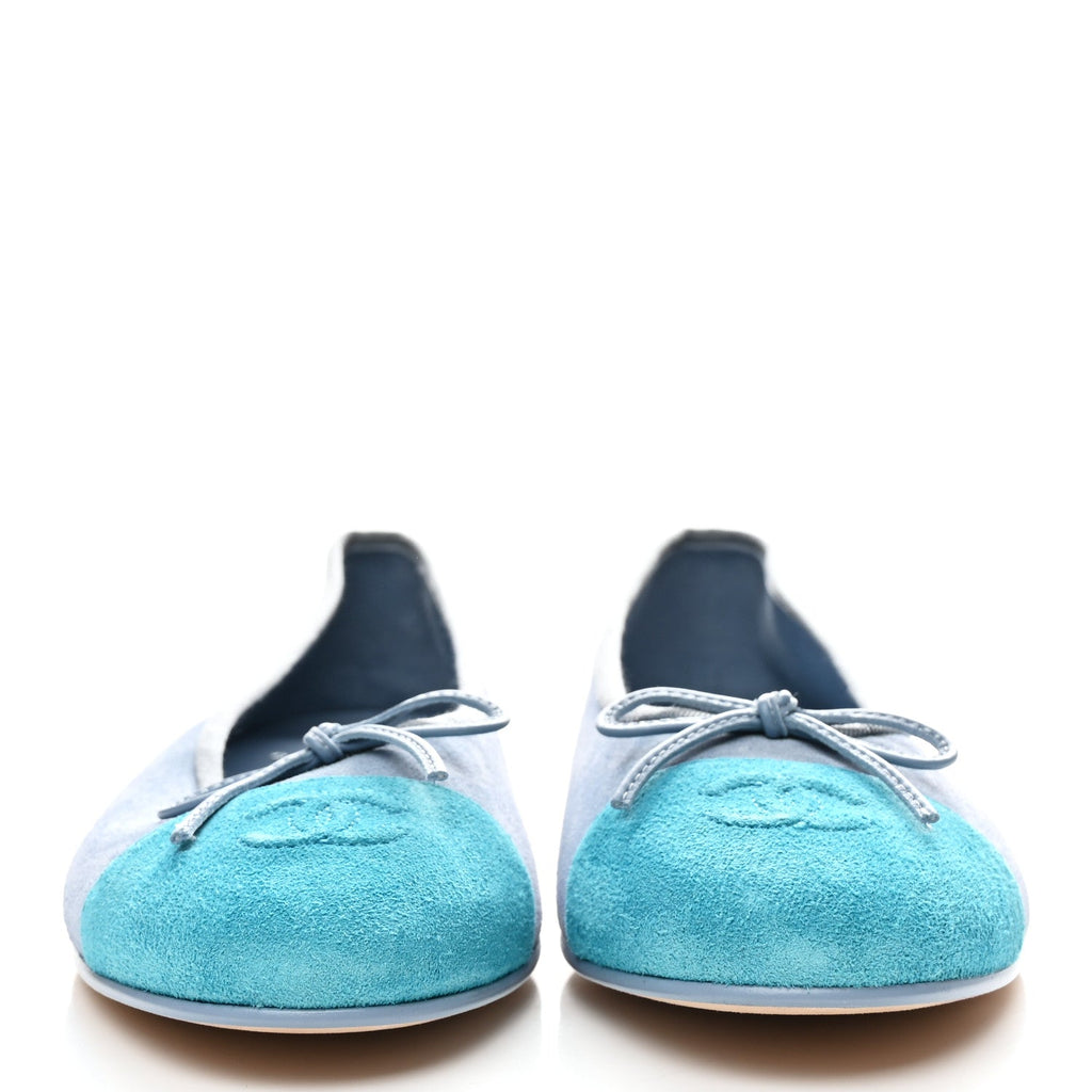 CHANEL SUEDE CAP TOE CC BALLERINA FLAT LIGHT BLUE TURQUOISE