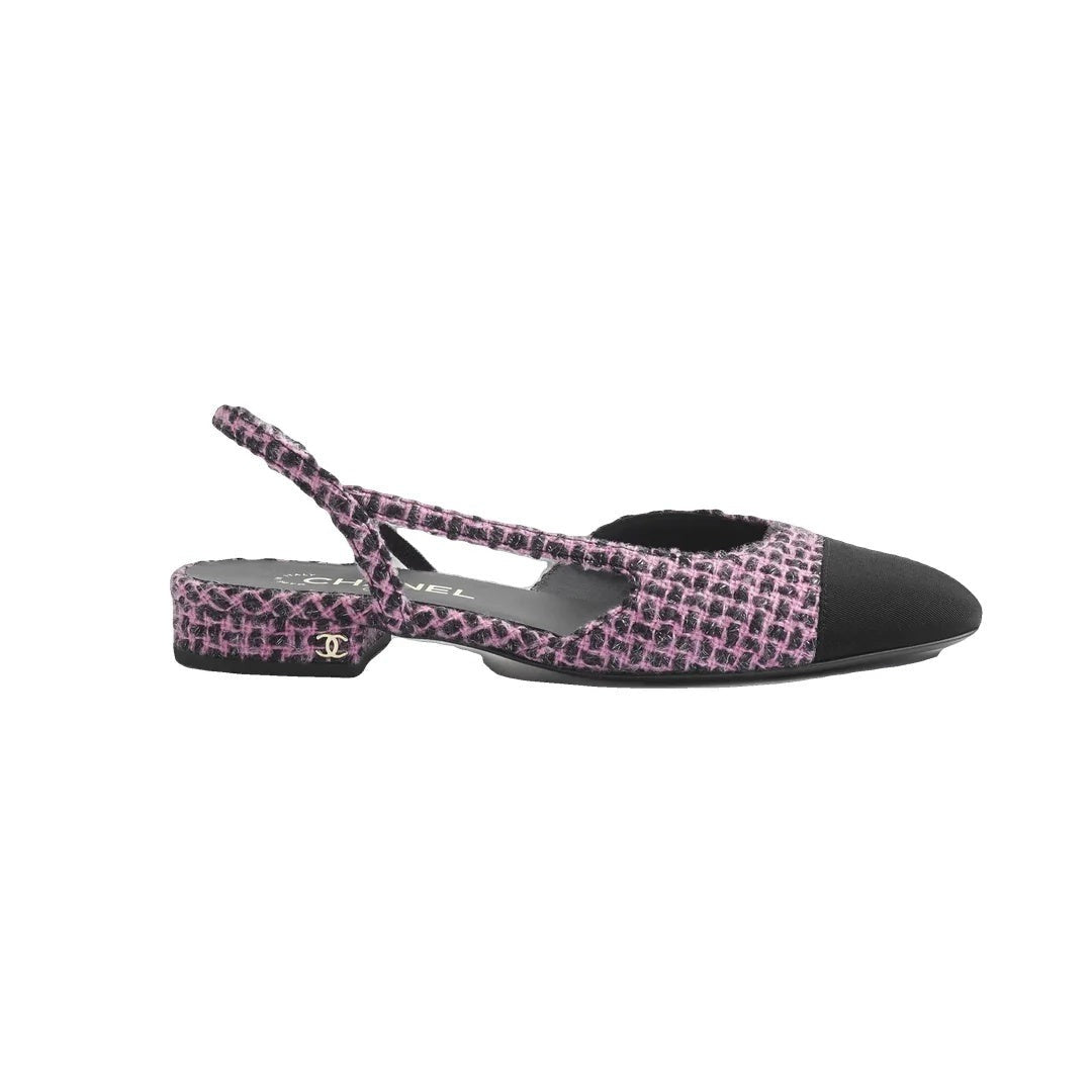 Chanel Satin Crystal Lambskin Grosgrain Bow CC Slingback Flats - Pink/Black tweed slingback (no bow)