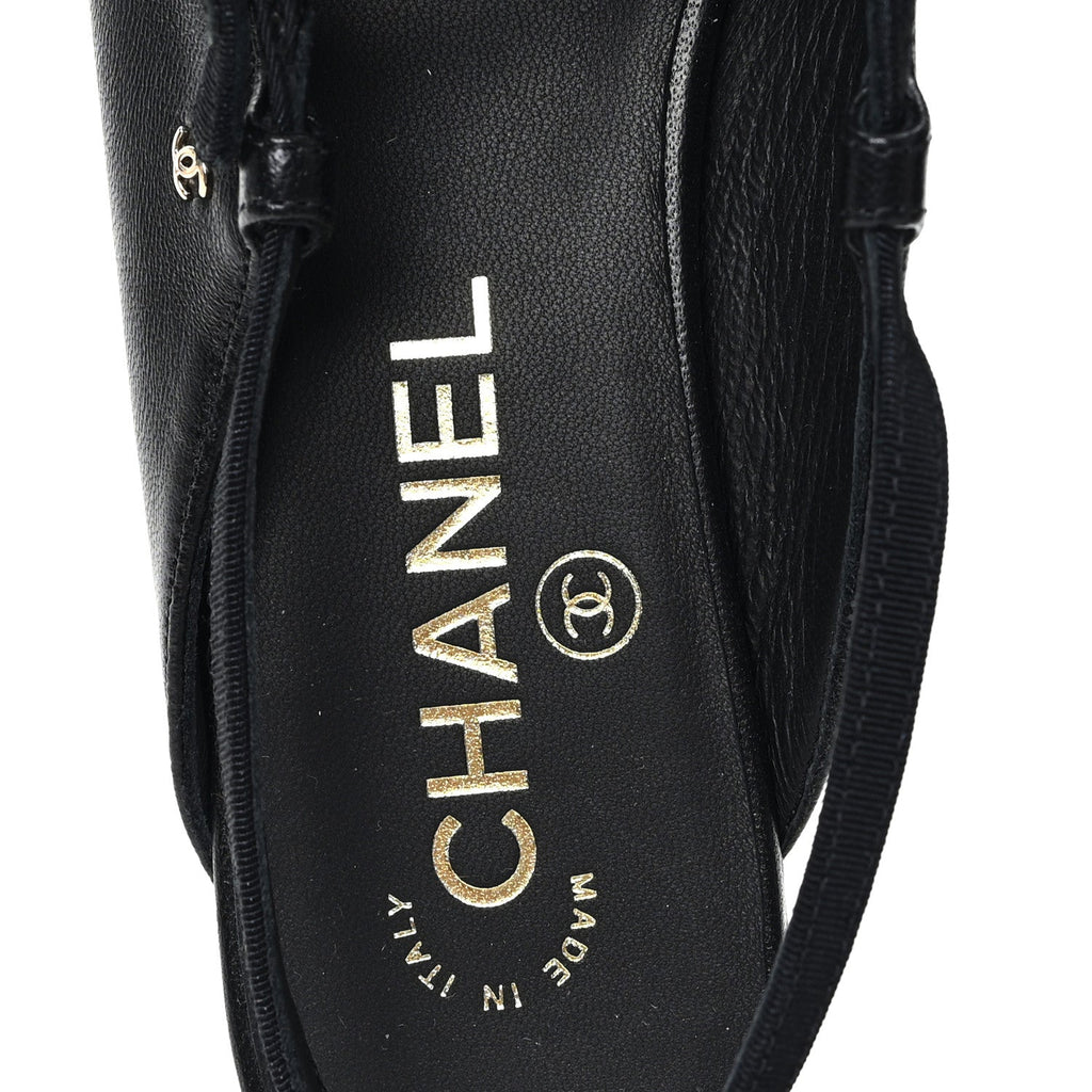 CHANEL SATIN CRYSTAL LAMBSKIN GROSGRAIN BOW CC SLINGBACK FLATS BLACK SLINGBACK WITH PEARLS