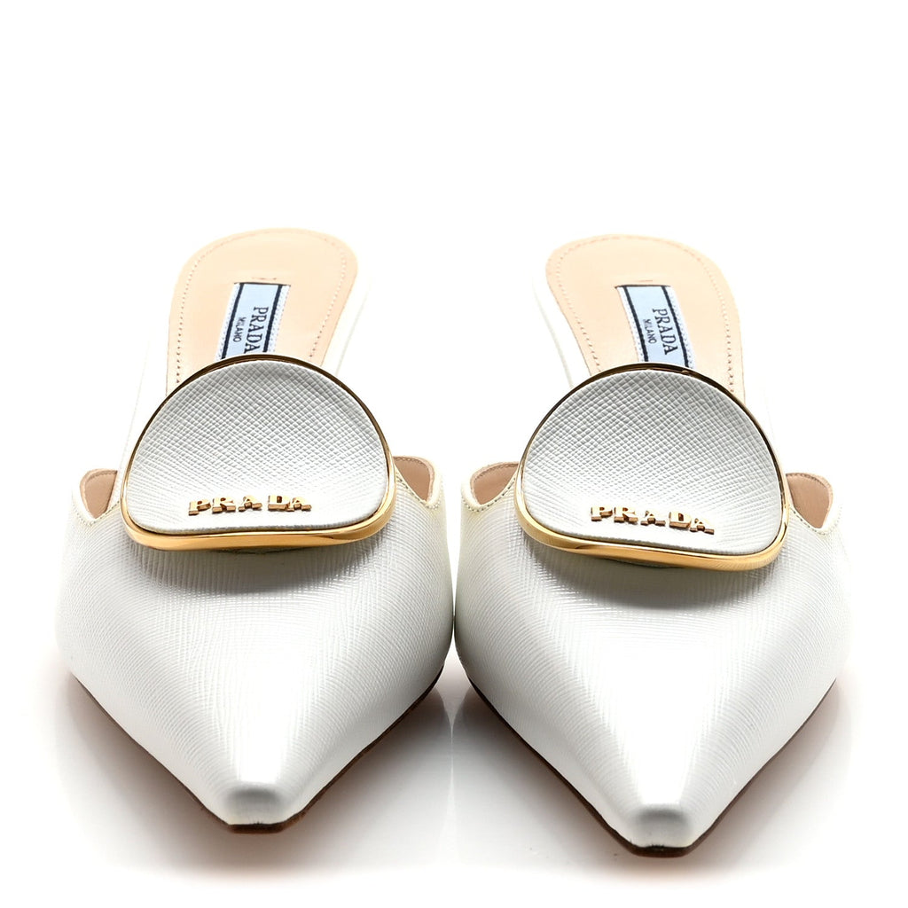 PRADA SAFFIANO LOGO POINTED TOE MULES WHITE