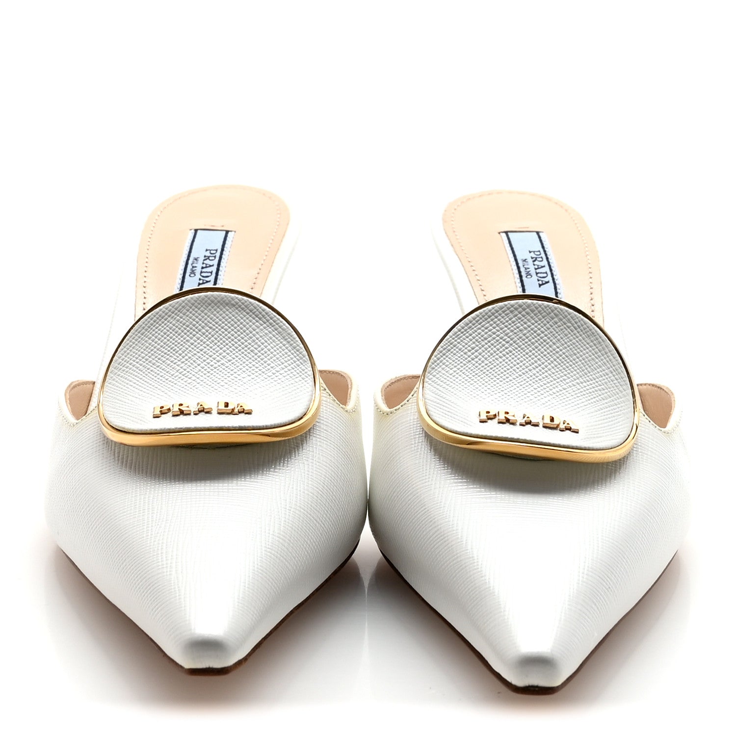 PRADA SAFFIANO LOGO POINTED TOE MULES WHITE