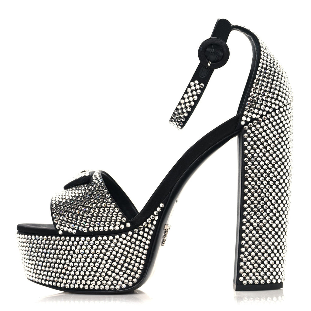 PRADA SATIN CRYSTAL TRIANGLE LOGO PLATFORM SANDALS CRISTAL YELLOW
