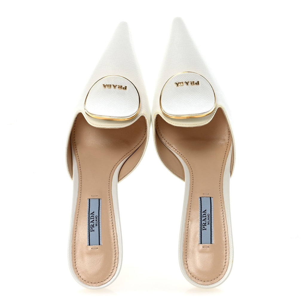 PRADA SAFFIANO LOGO POINTED TOE MULES WHITE