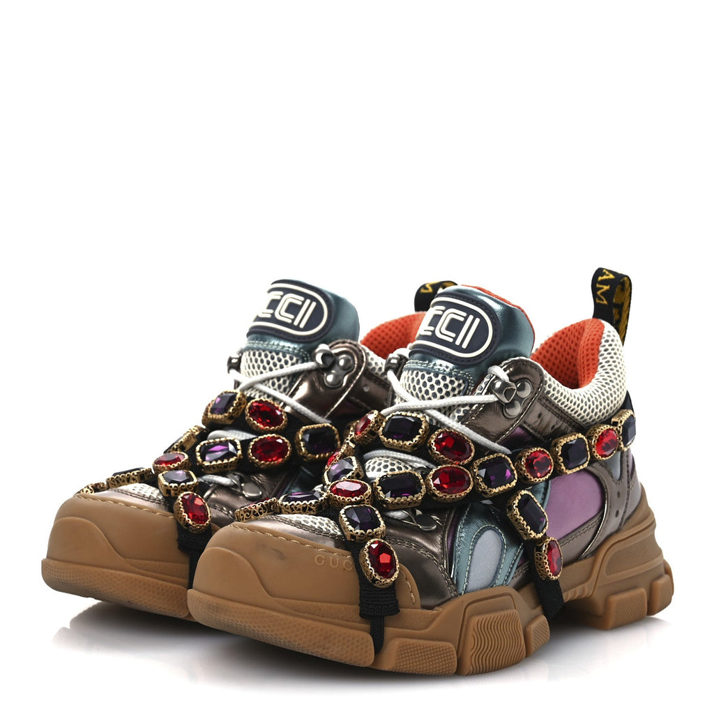 GUCCI FLASHTREK MESH CALFSKIN REMOVABLE CRYSTALS SNEAKERS WHITE