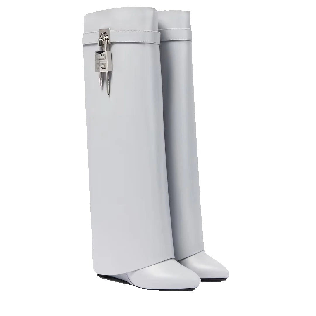 Givenchy Aged Calfskin Cowboy Shark Lock High Boot - Light Grey