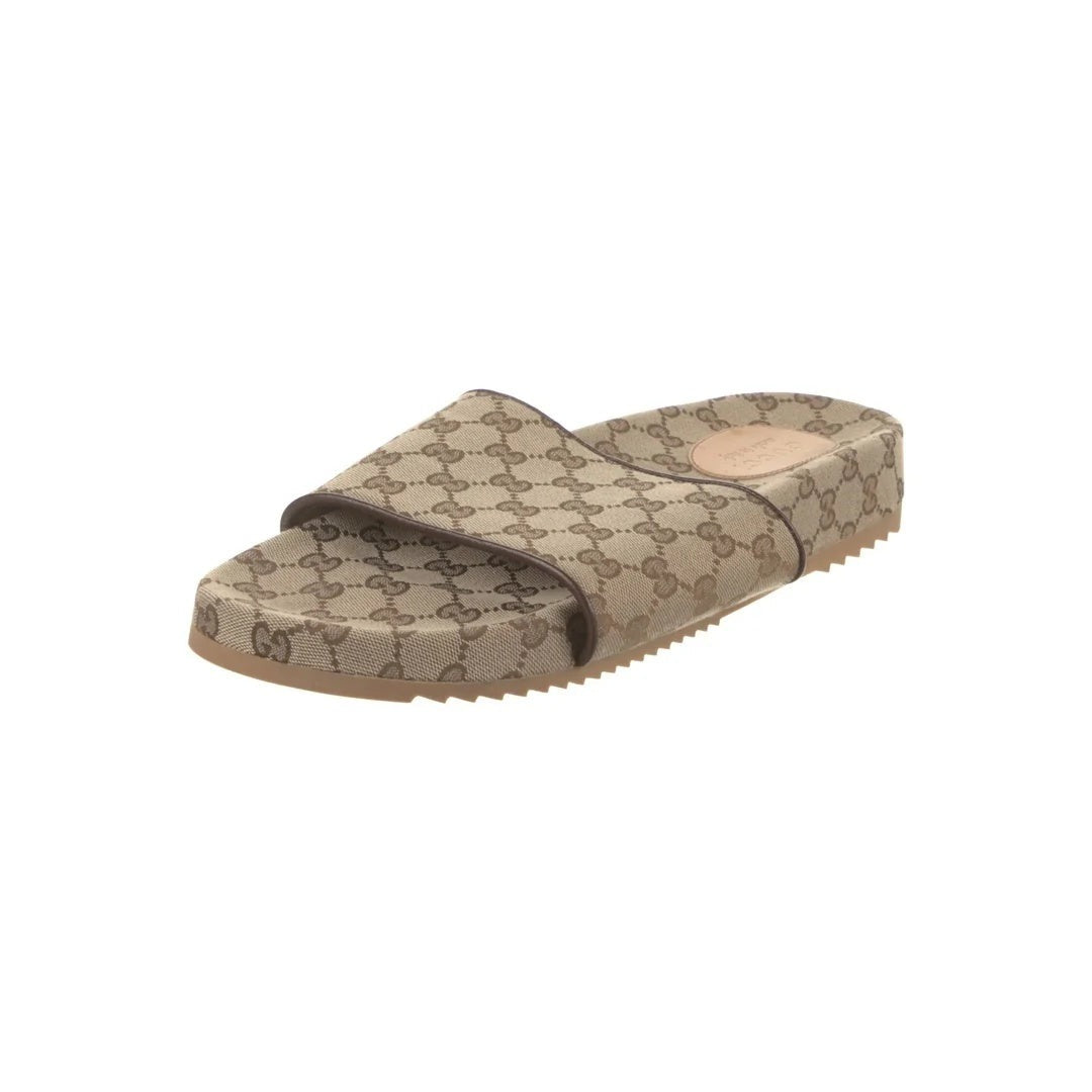 Gucci Canvas Logo Slide Sandals - Beige/Brown