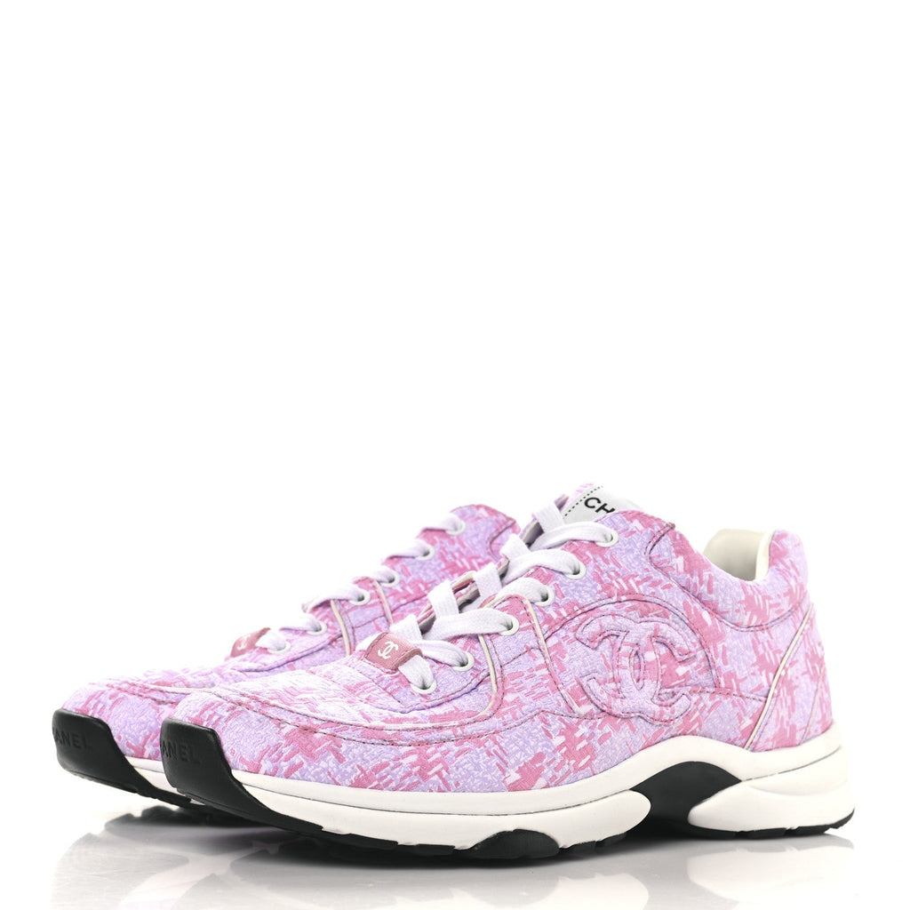 CHANEL TWEED SUEDE CALFSKIN CC SNEAKERS PINK & BEIGE
