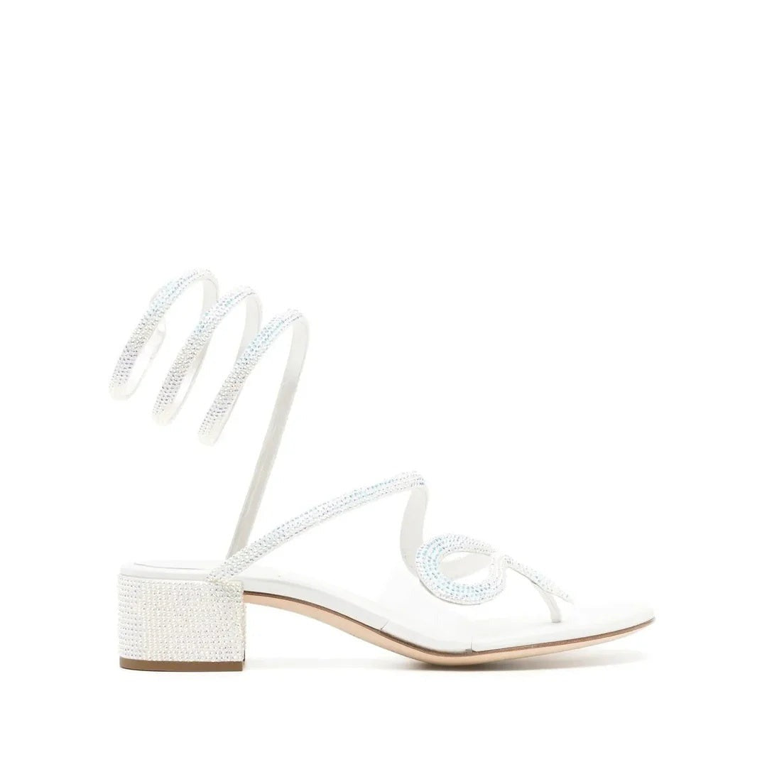 René Caovilla Satin Snake Detail Flat Sandal - White