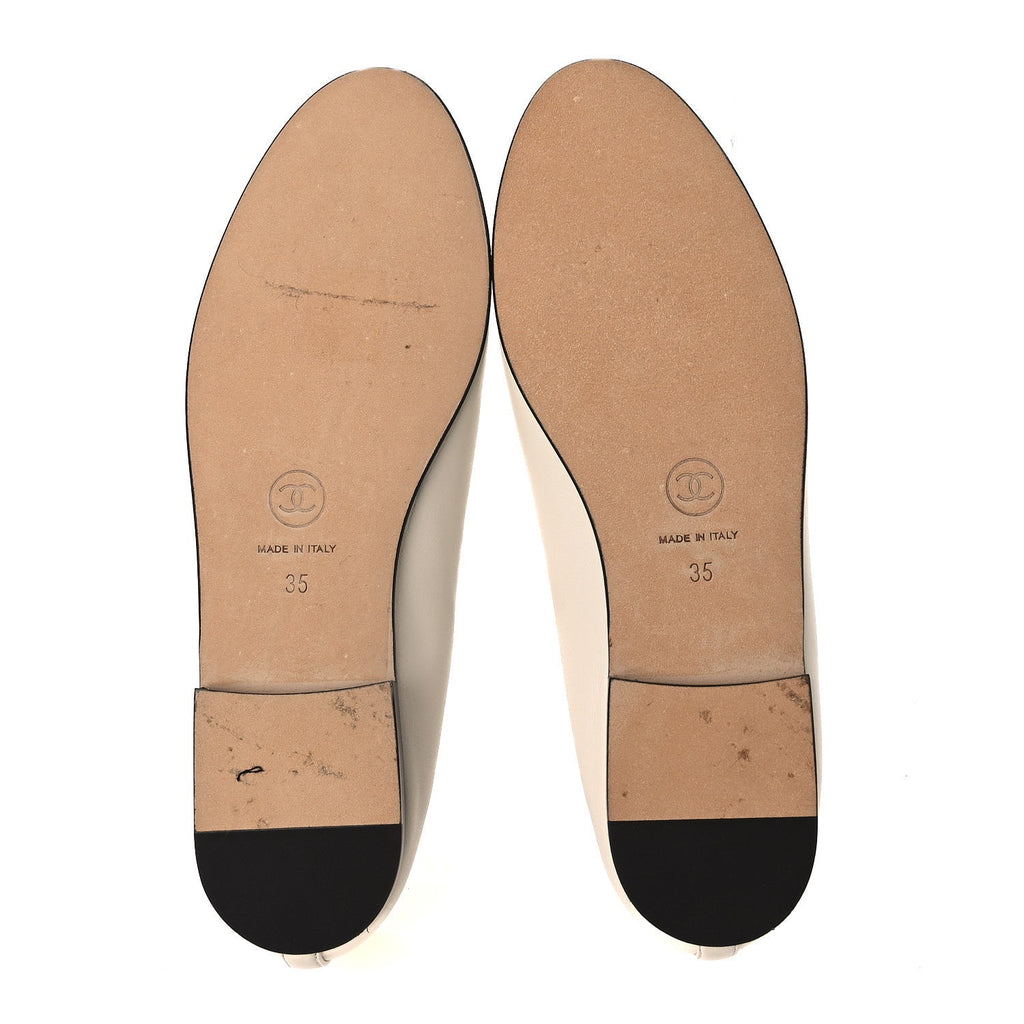 CHANEL LAMBSKIN CAP TOE CC BALLERINA FLAT BEIGE BLACK