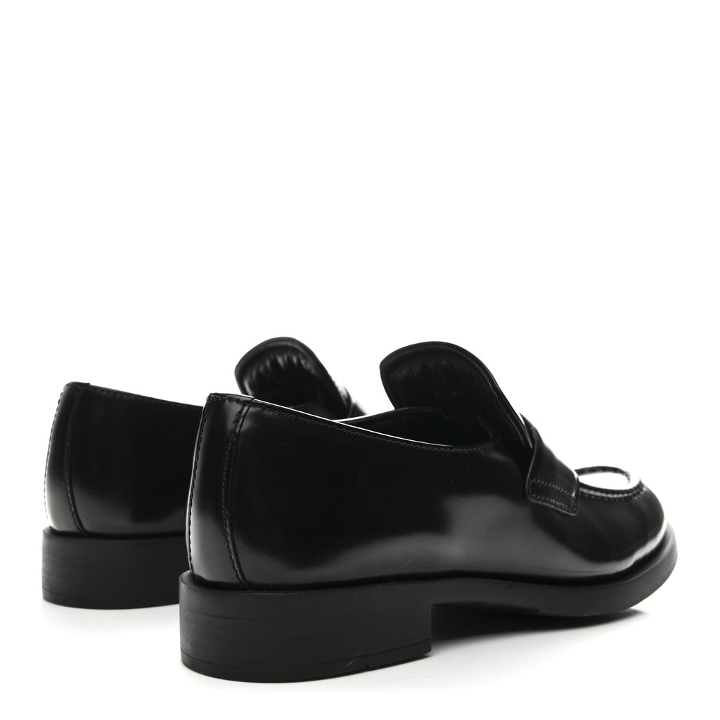 PRADA SPAZZOLATO TRIANGLE LOGO MONOLITH POINTY LOAFERS BLACK