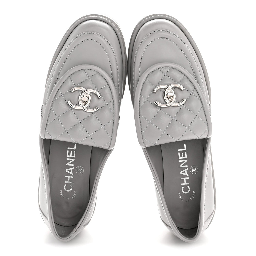 CHANEL CC TURNLOCK LOAFERS QUILTED LEATHER GREY SHW
