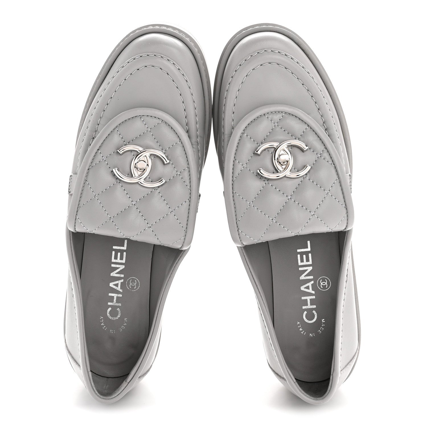 CHANEL CC TURNLOCK LOAFERS QUILTED LEATHER GREY SHW