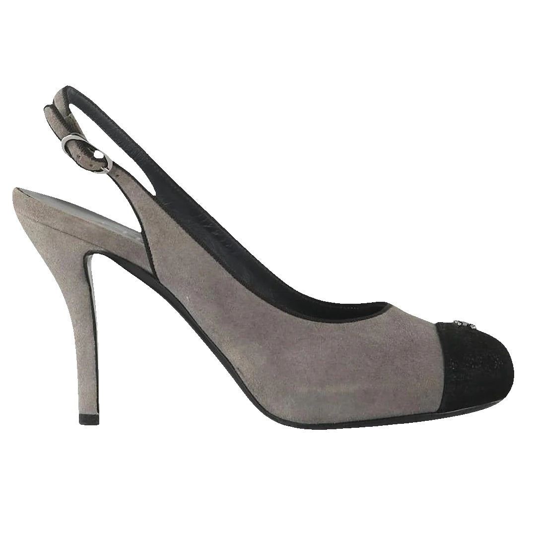 Chanel Beige Black Cap Toe CC Slingback Pumps - Gray