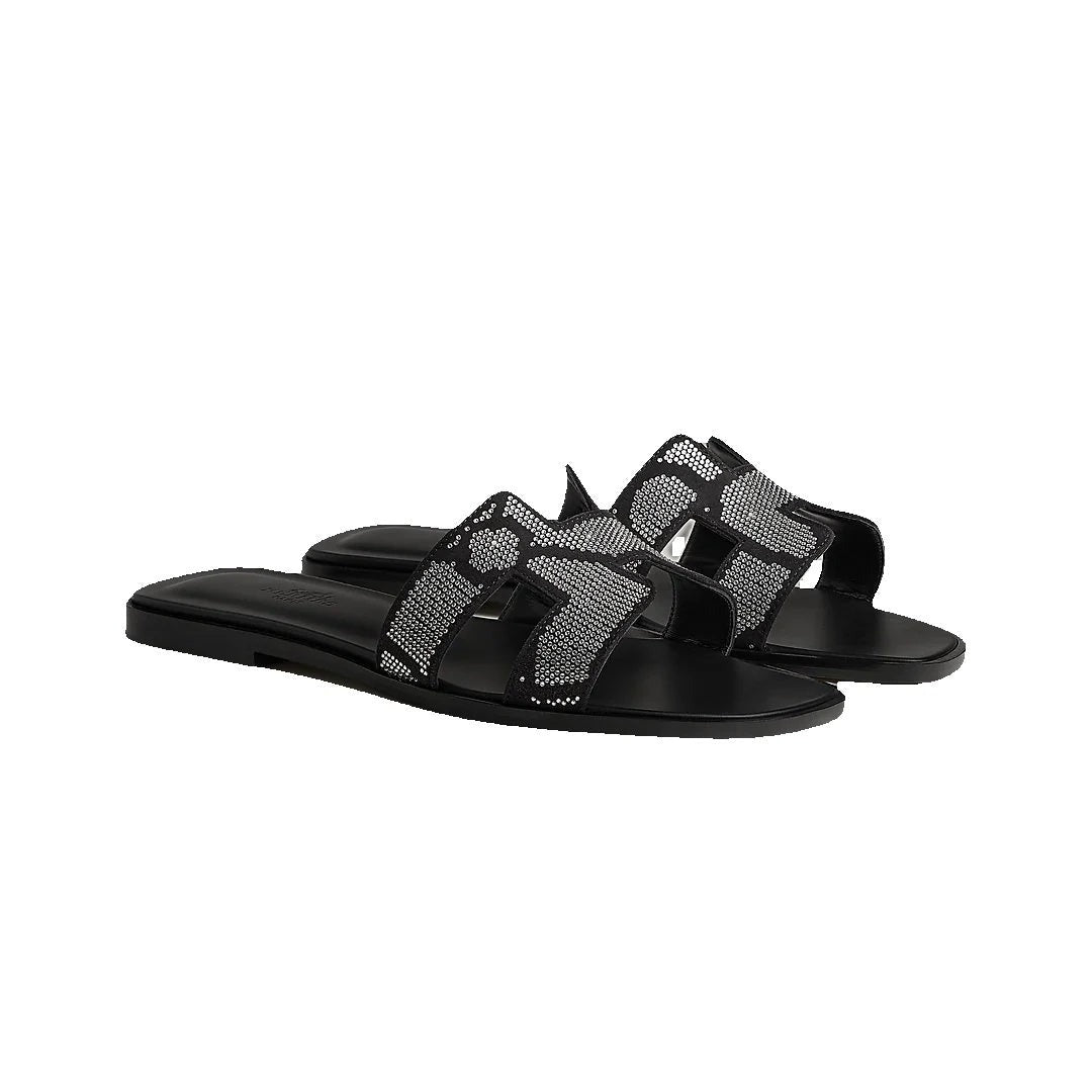 Hermès Hermes Epsom Oran Sandal - Black with mesh/crystal pattern