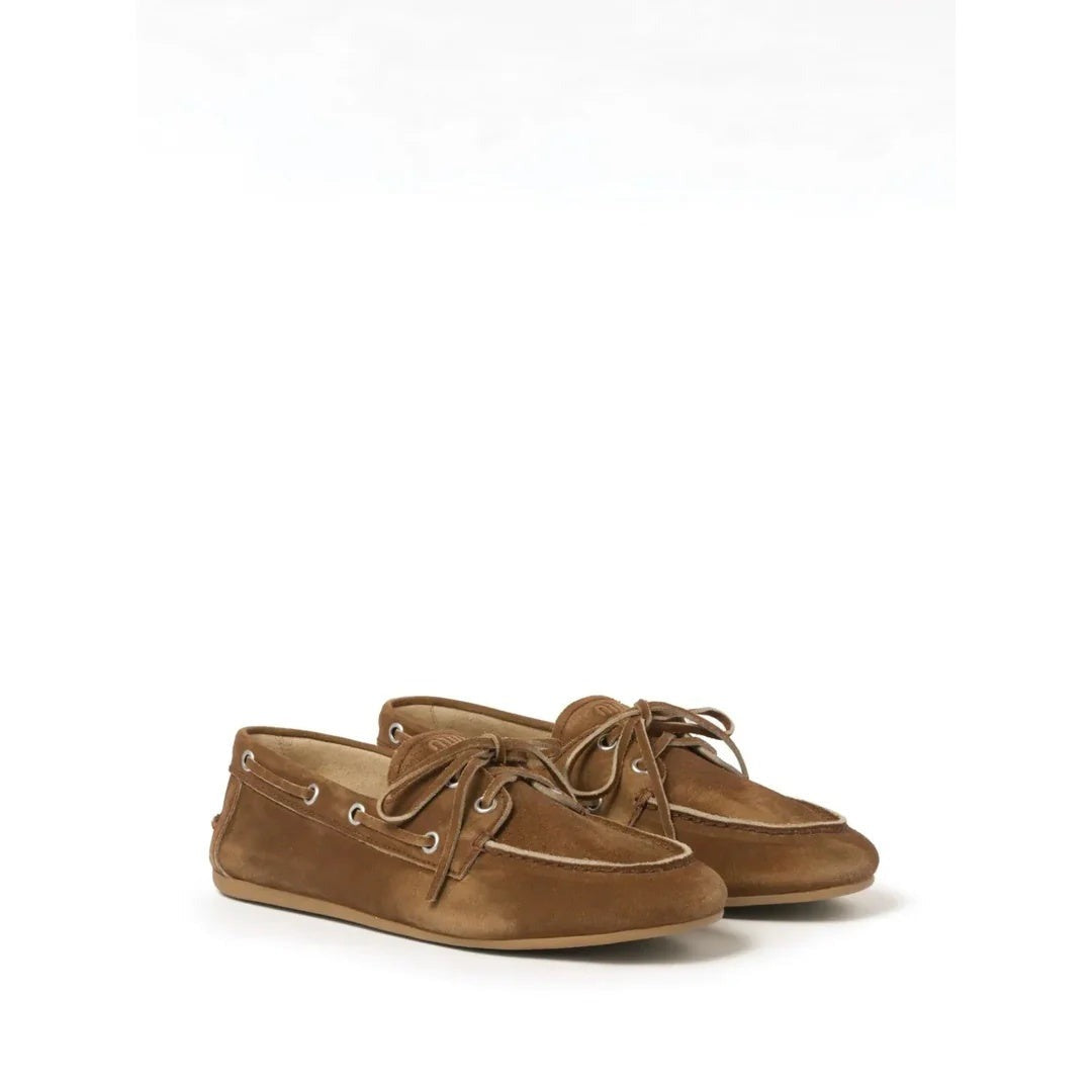 Miu Miu Brushed Leather Slingback Loafers - Tan/Suede