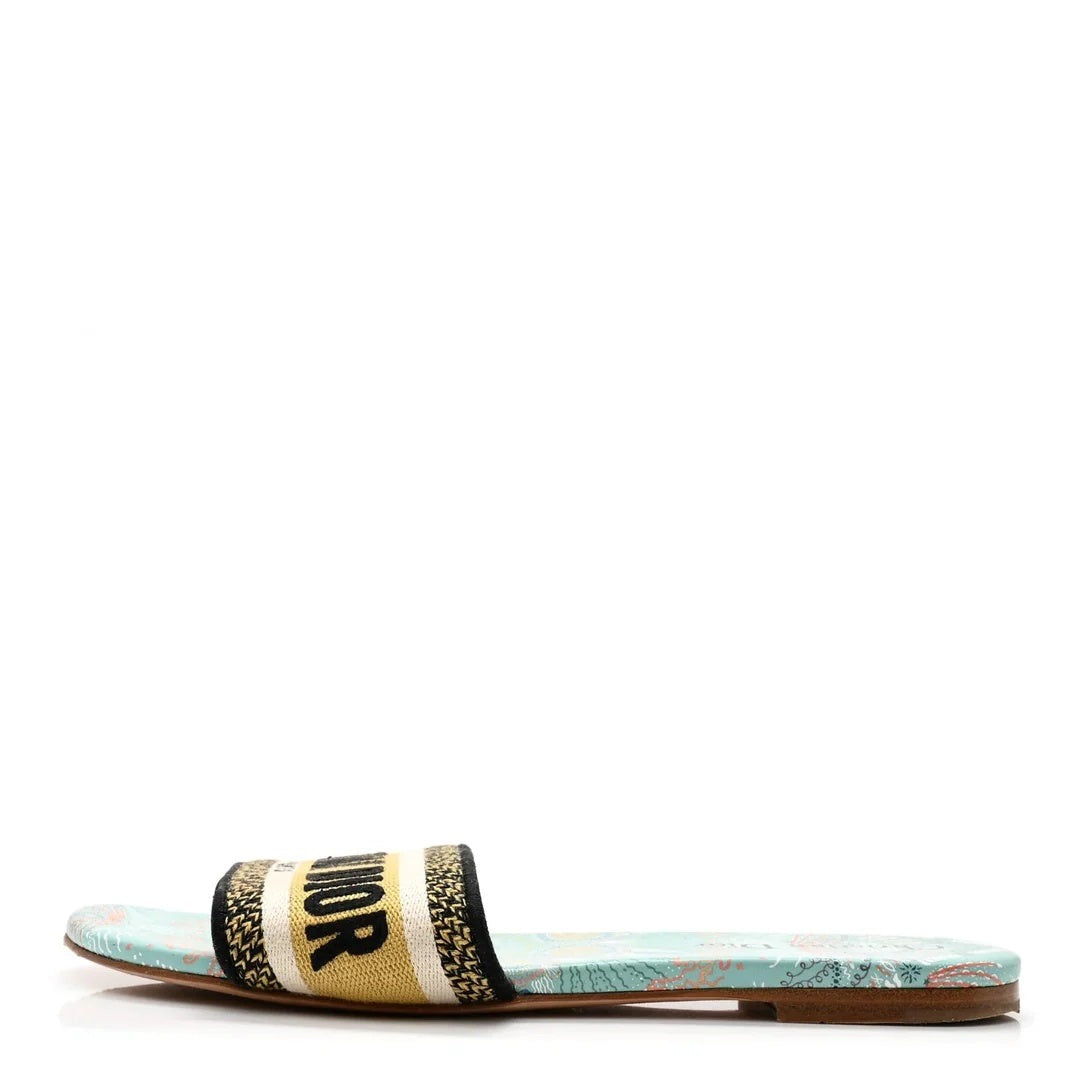 Christian Dior Canvas Embroidered Dway Mule Slide Sandal - Turquoise floral