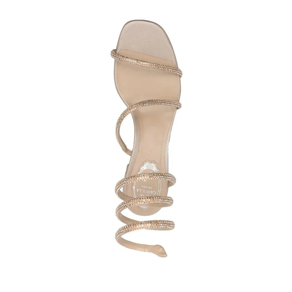 René Caovilla Embellished Flower Wrap Heeled Sandal 105 - Nude/Beige