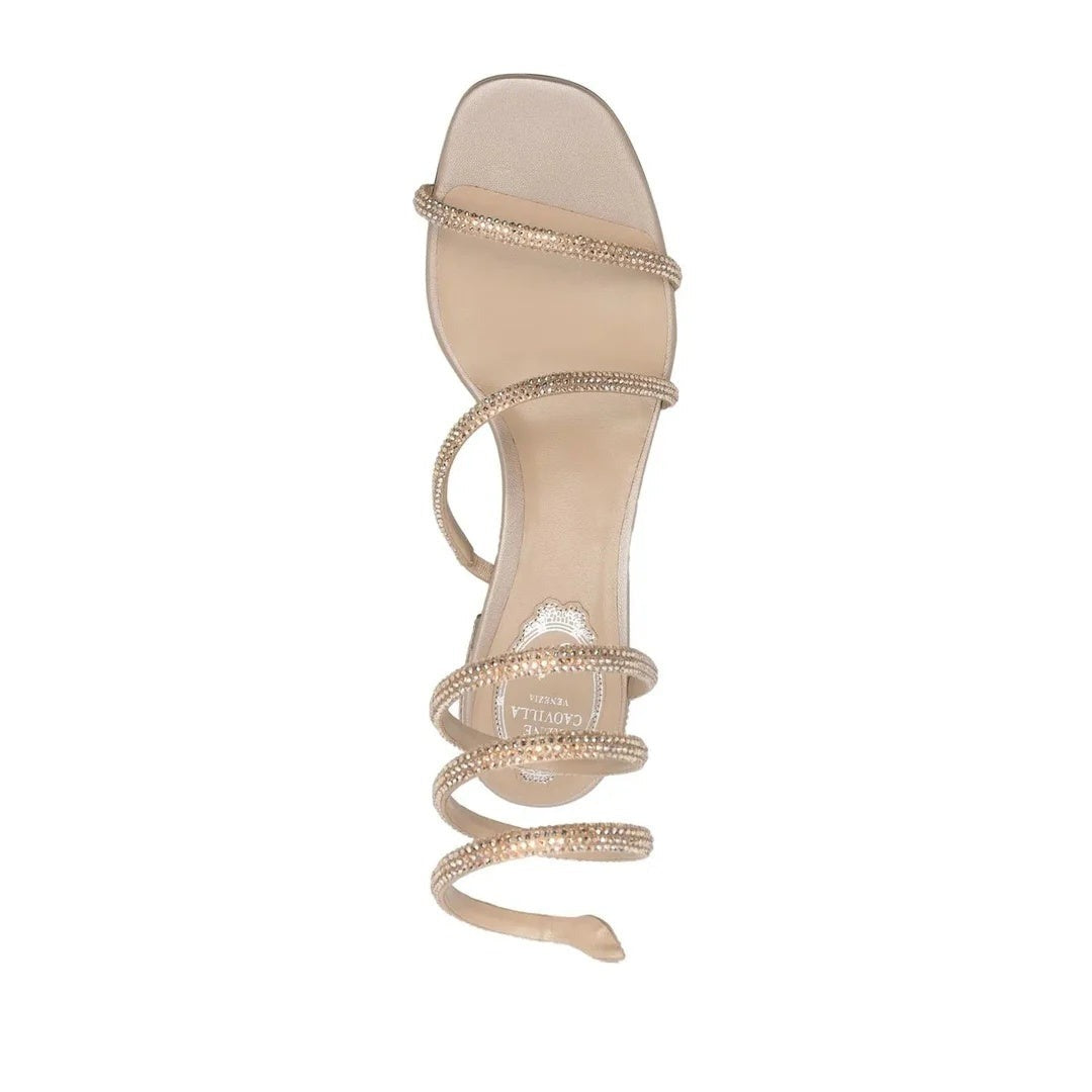 René Caovilla Embellished Flower Wrap Heeled Sandal 105 - Nude/Beige