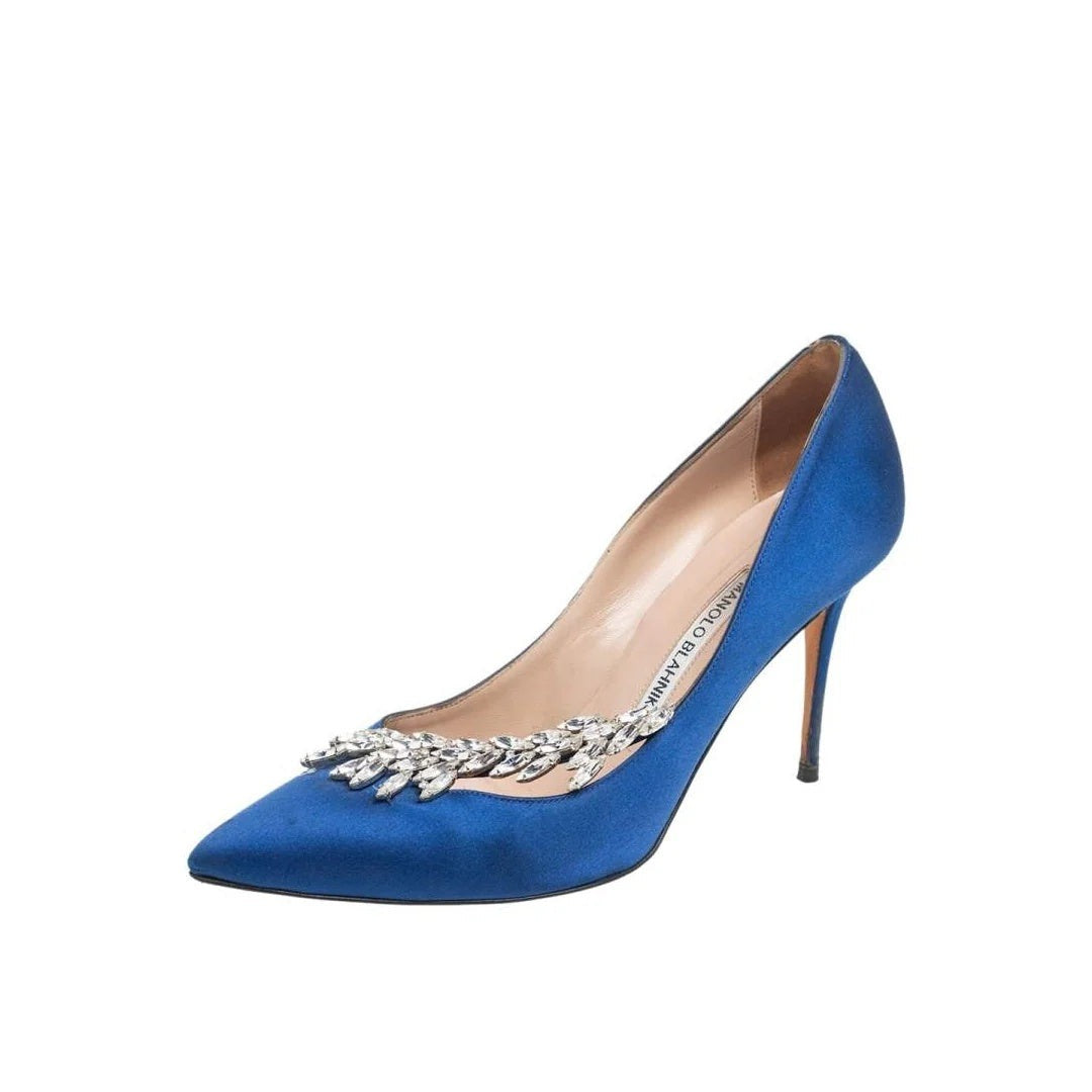 Manolo Blahnik Satin Jewel Nadira Pointed Toe Pumps - Blue
