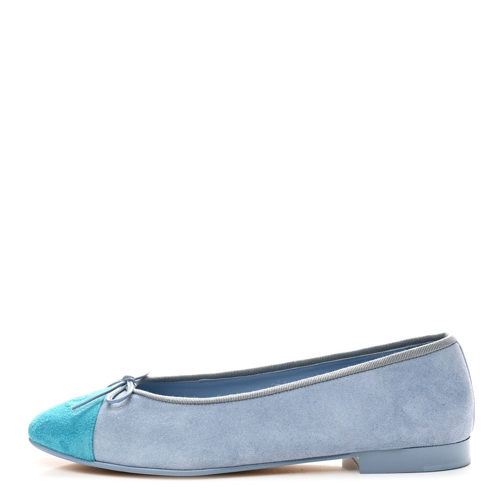 CHANEL SUEDE CAP TOE CC BALLERINA FLAT LIGHT BLUE TURQUOISE