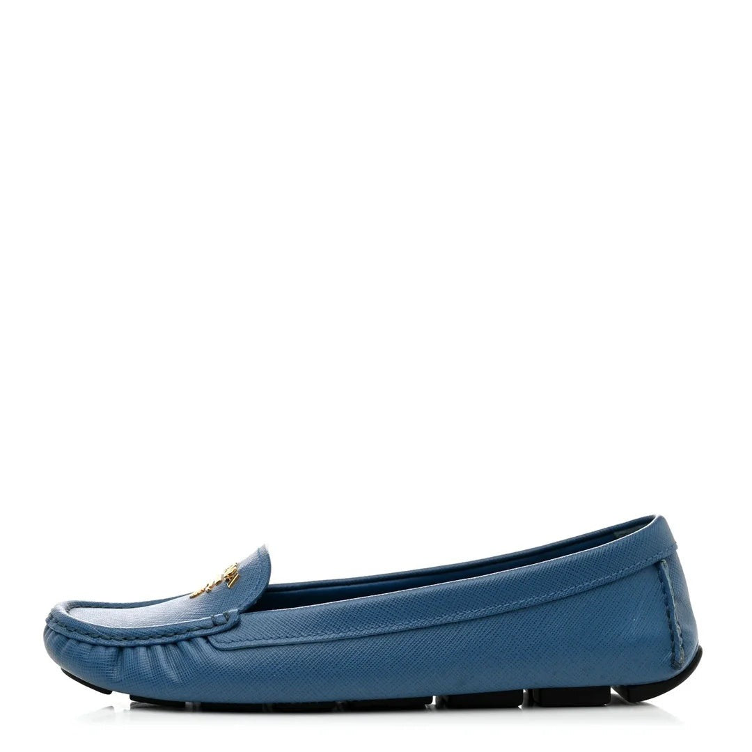 Prada Saffiano Logo Pointed Toe Mules - Blue (loafers, not mules)