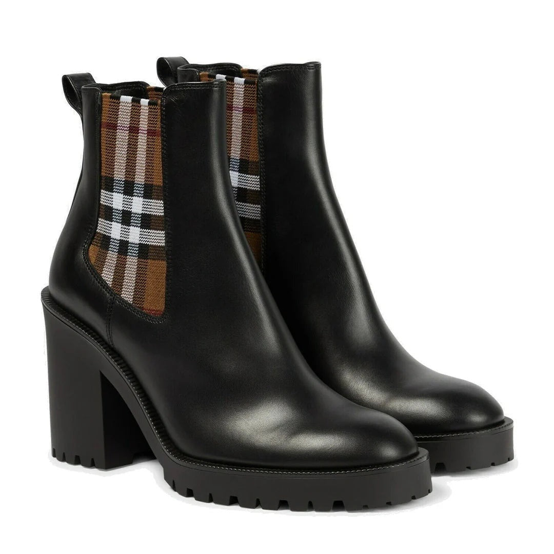 Burberry Check Panel Leather Ankle Boots - Black