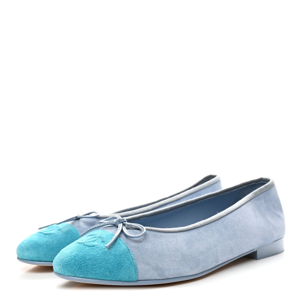CHANEL SUEDE CAP TOE CC BALLERINA FLAT LIGHT BLUE TURQUOISE
