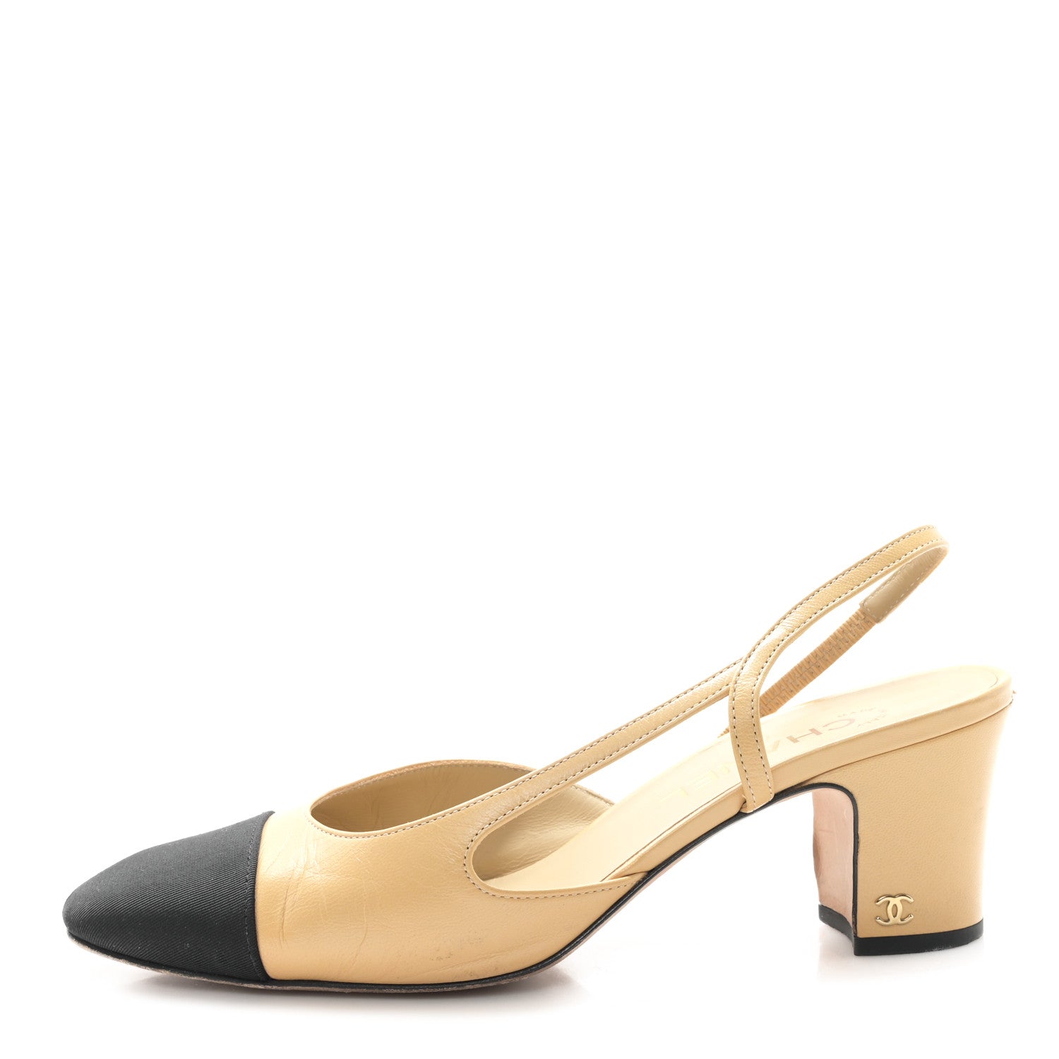 CHANEL GOATSKIN GROSGRAIN CAP TOE CC SLINGBACK PUMP BEIGE BLACK