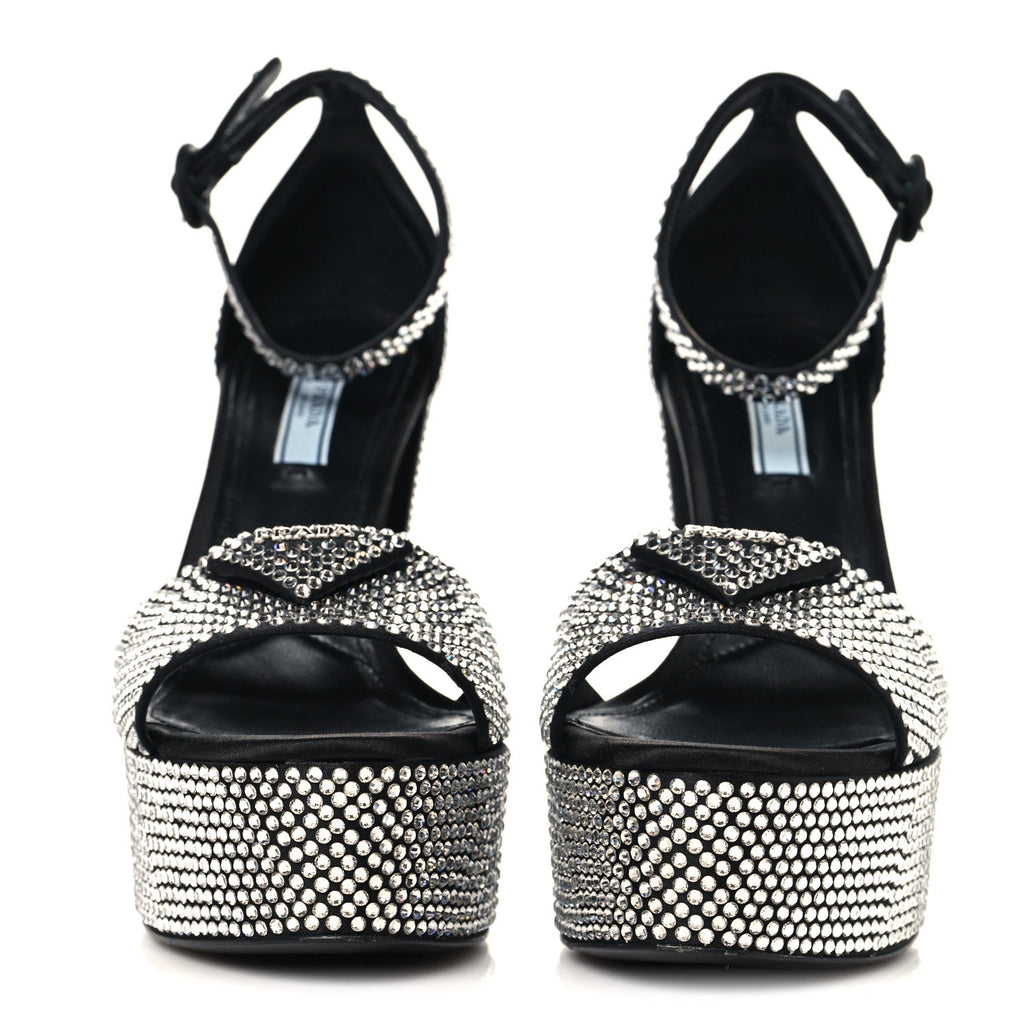 PRADA SATIN CRYSTAL TRIANGLE LOGO PLATFORM SANDALS CRISTAL YELLOW