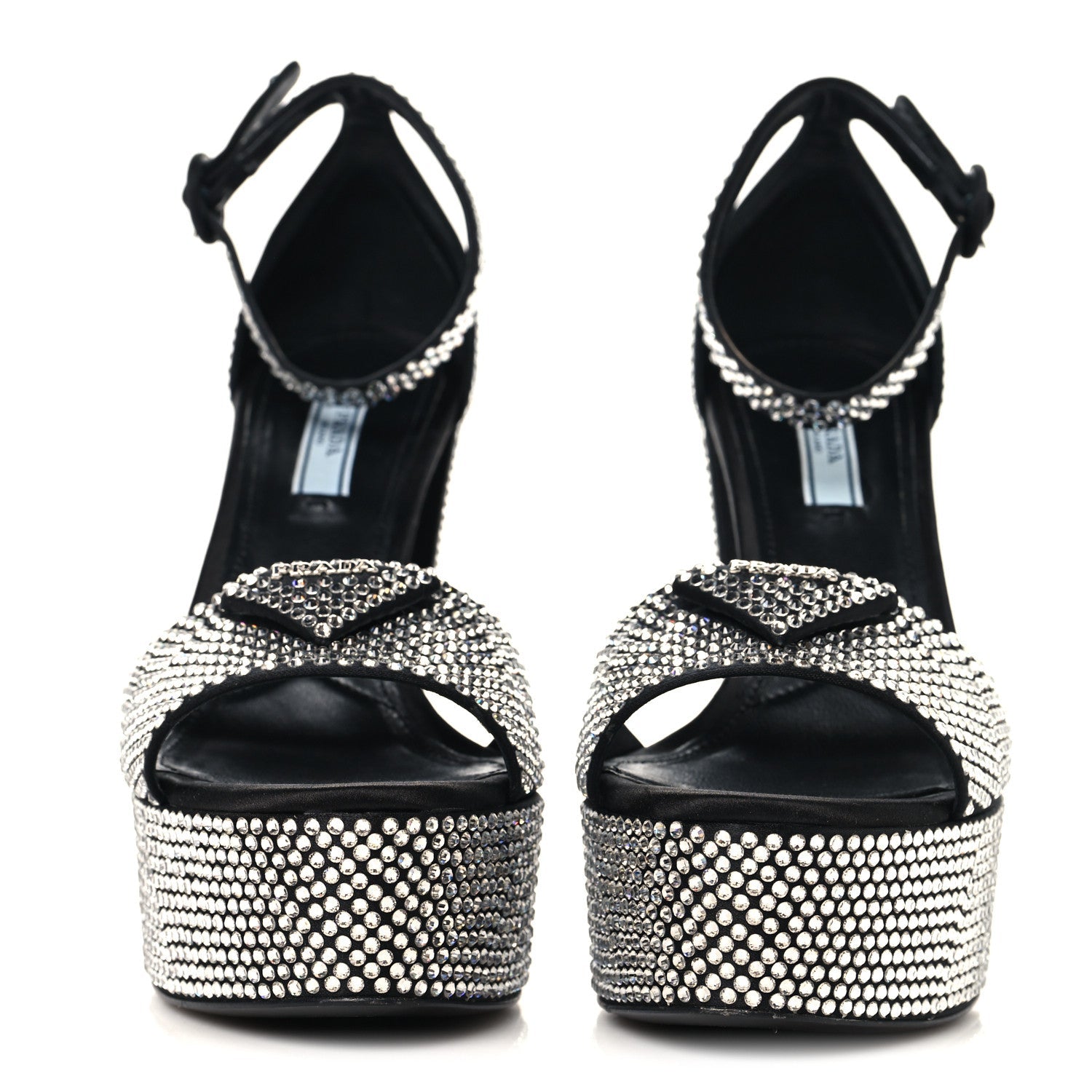 PRADA SATIN CRYSTAL TRIANGLE LOGO PLATFORM SANDALS CRISTAL YELLOW