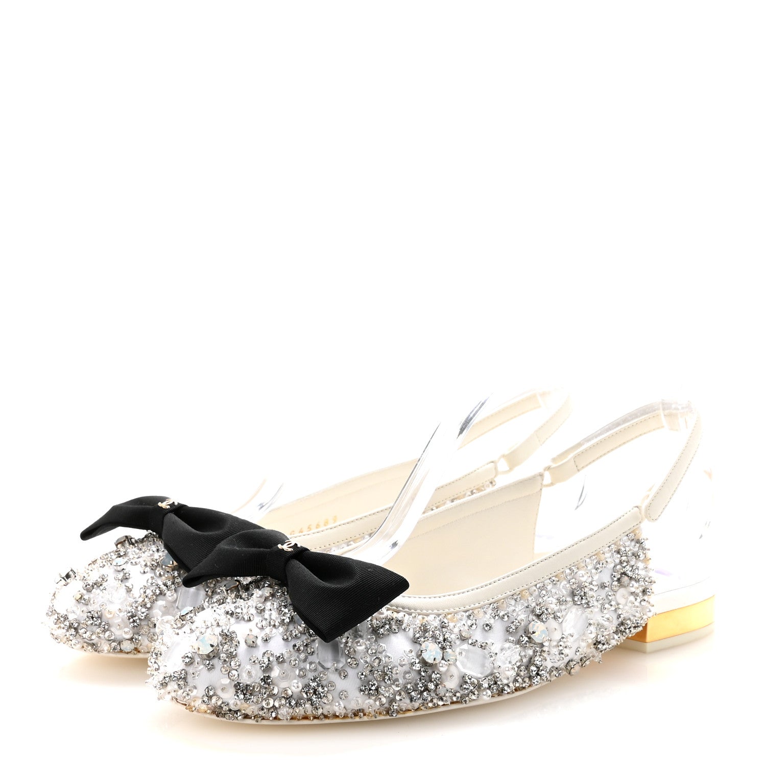CHANEL SATIN CRYSTAL LAMBSKIN GROSGRAIN BOW CC SLINGBACK FLATS WHITE BLACK
