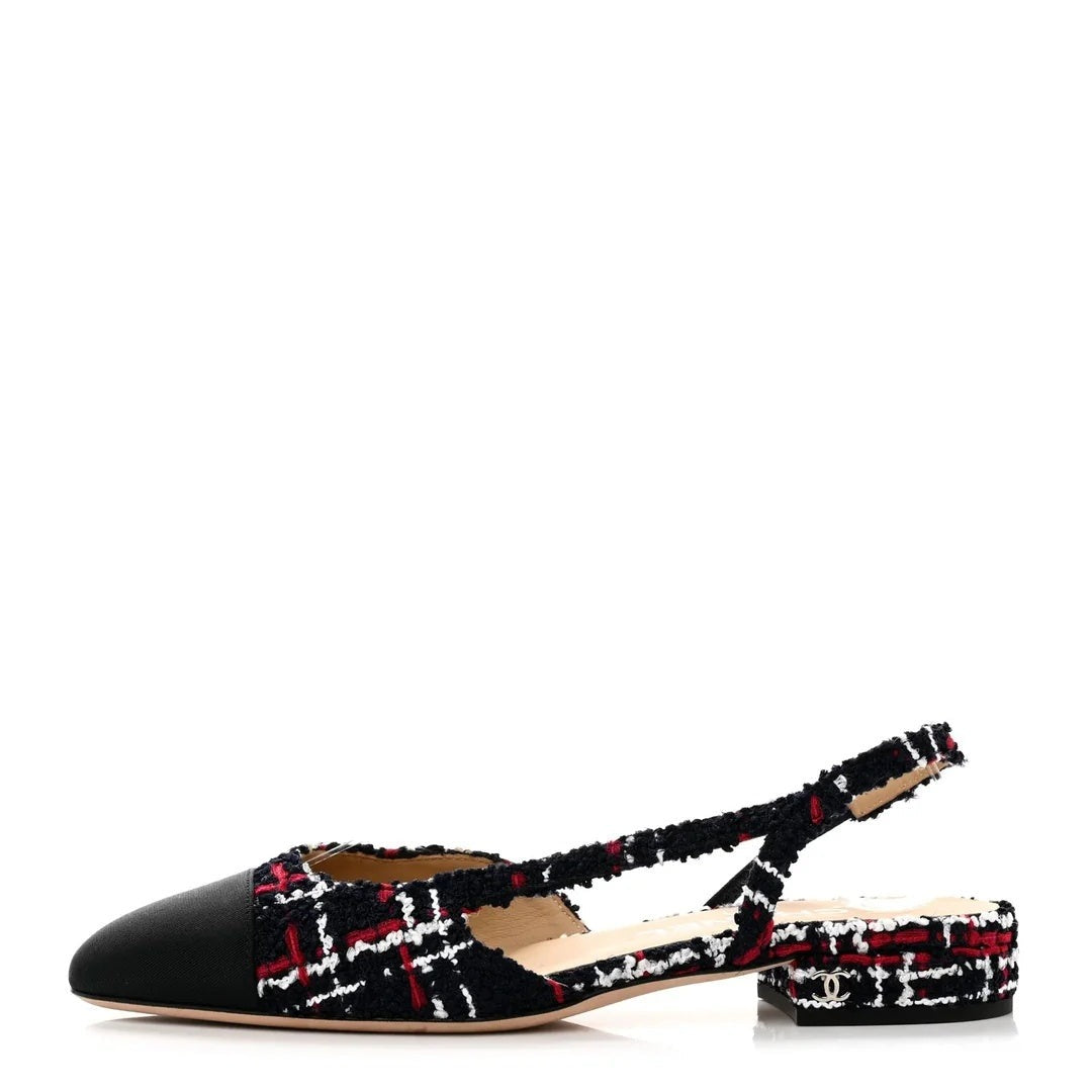 Chanel Tweed Grosgrain Cap Toe CC Slingback Pump - Black/Red/White tweed