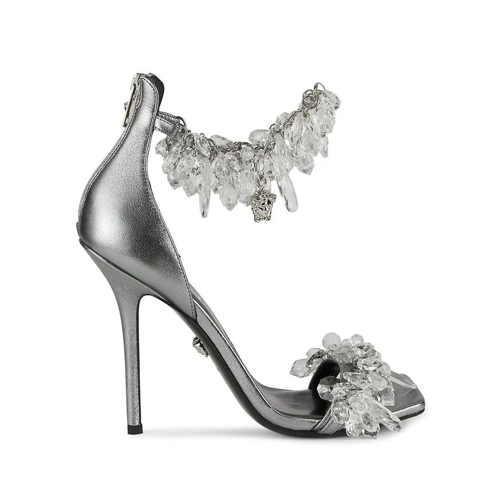 Versace Blue Leather Stiletto Heel Sandals - Silver