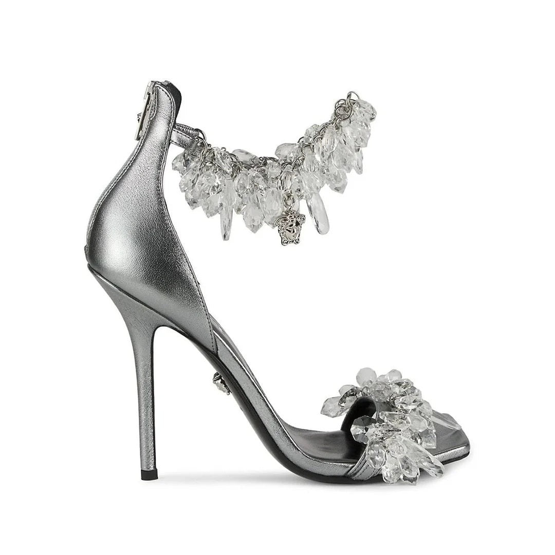 Versace Blue Leather Stiletto Heel Sandals - Silver