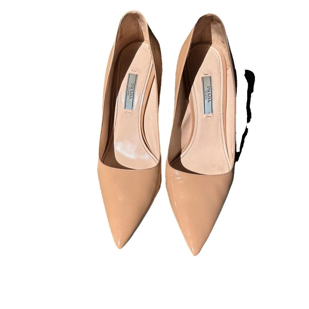 Prada Saffiano Logo Pointed Toe Mules - Nude (pumps, not mules)
