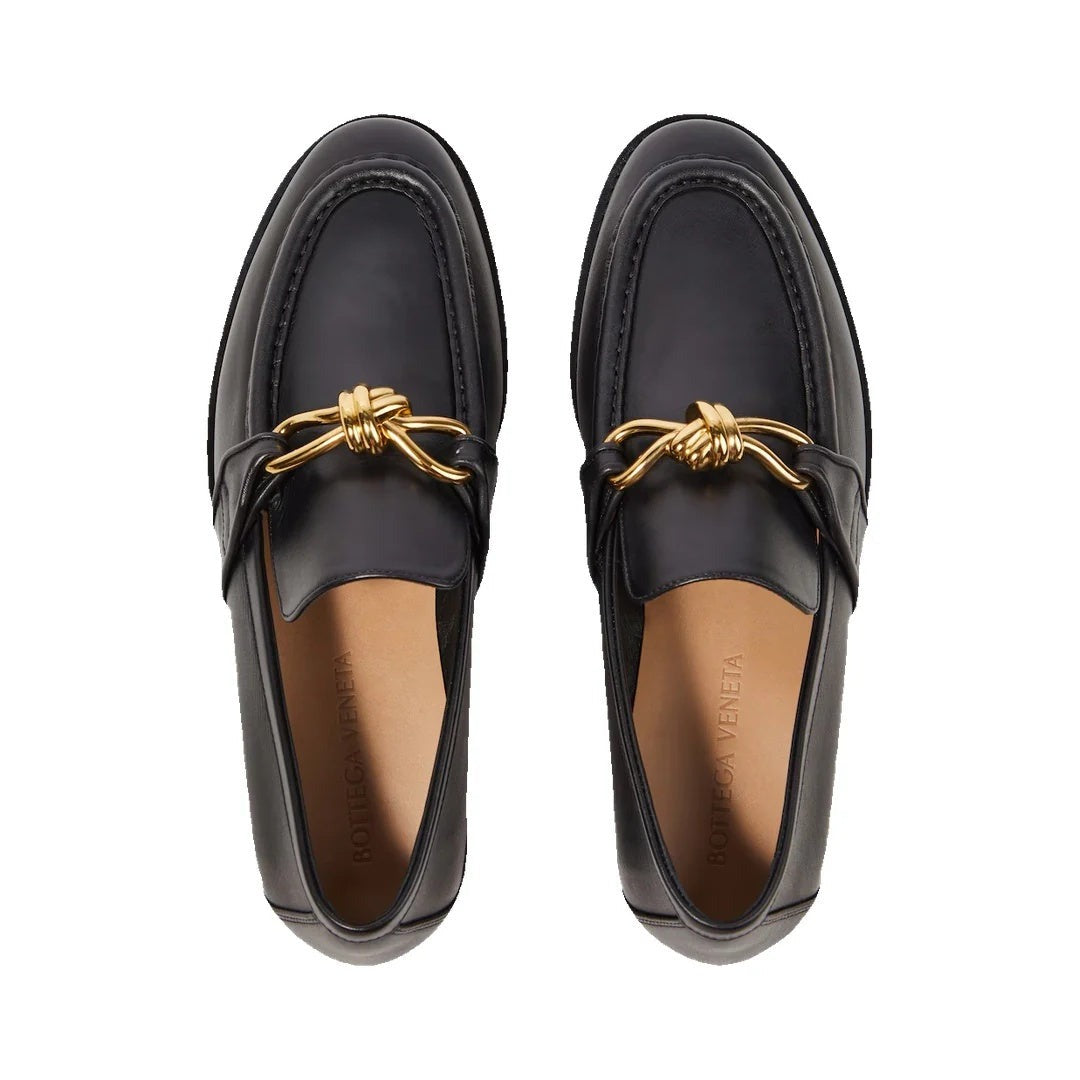 Bottega Veneta Crushed Nappa Madame Loafers - Black with gold knot hardware (different model - Monsieur loafer)