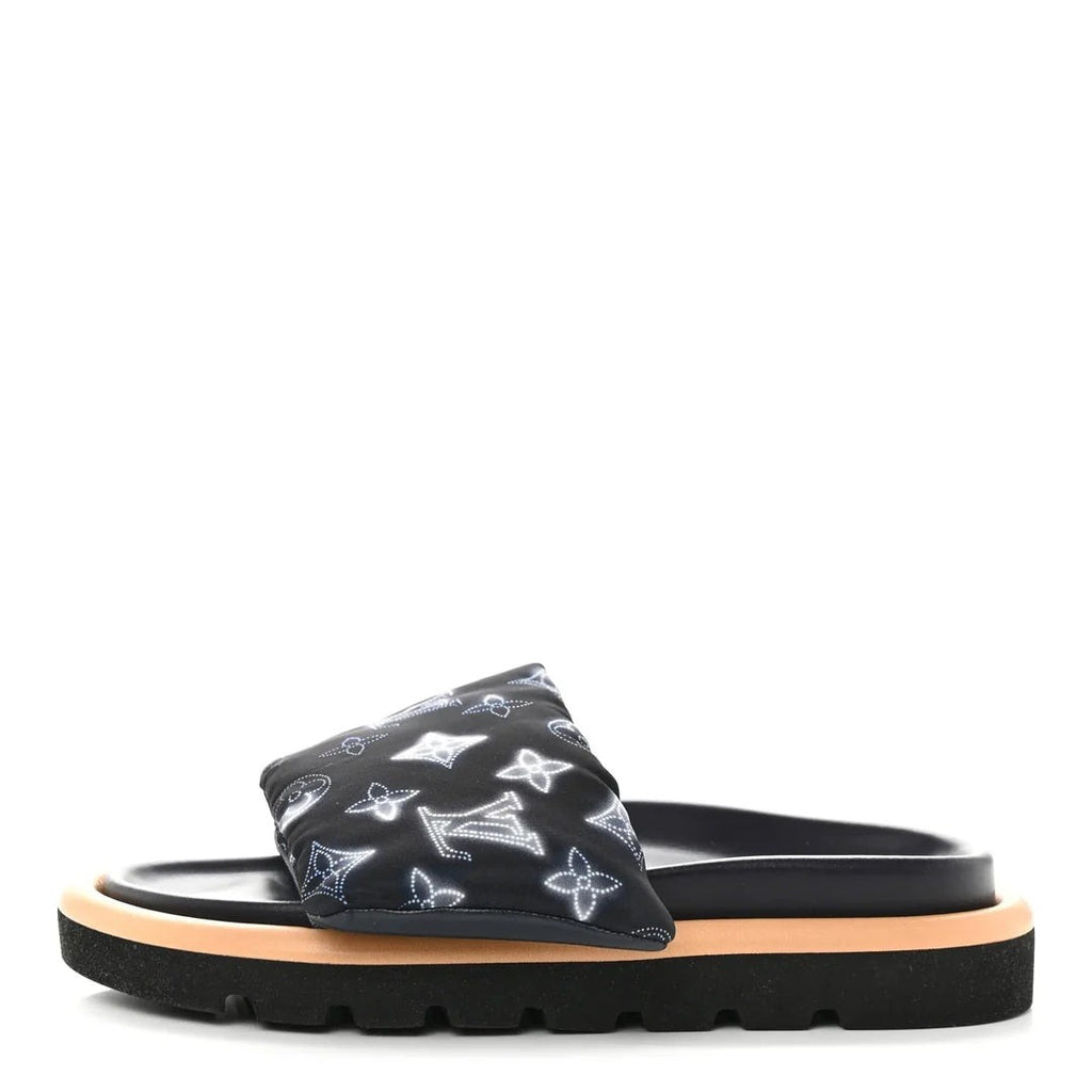 Louis Vuitton Lambskin Embossed Monogram Pool Pillow Flat Comfort Mule - Black with White Monogram