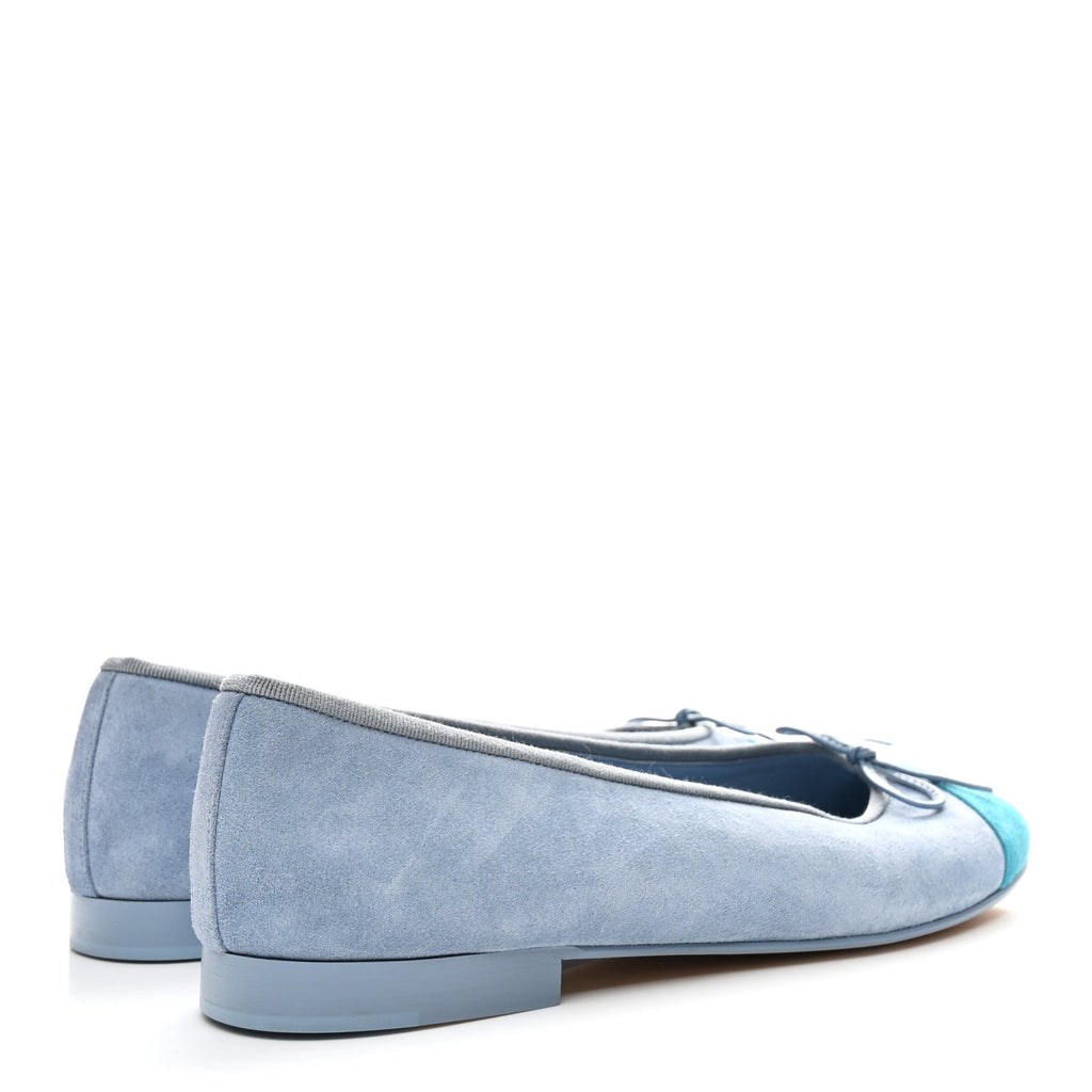 CHANEL SUEDE CAP TOE CC BALLERINA FLAT LIGHT BLUE TURQUOISE