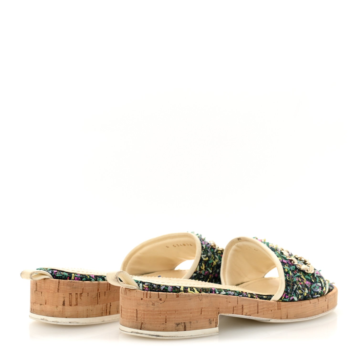 CHANEL TWEED CORK CC CHAIN MULE SANDAL WHITE