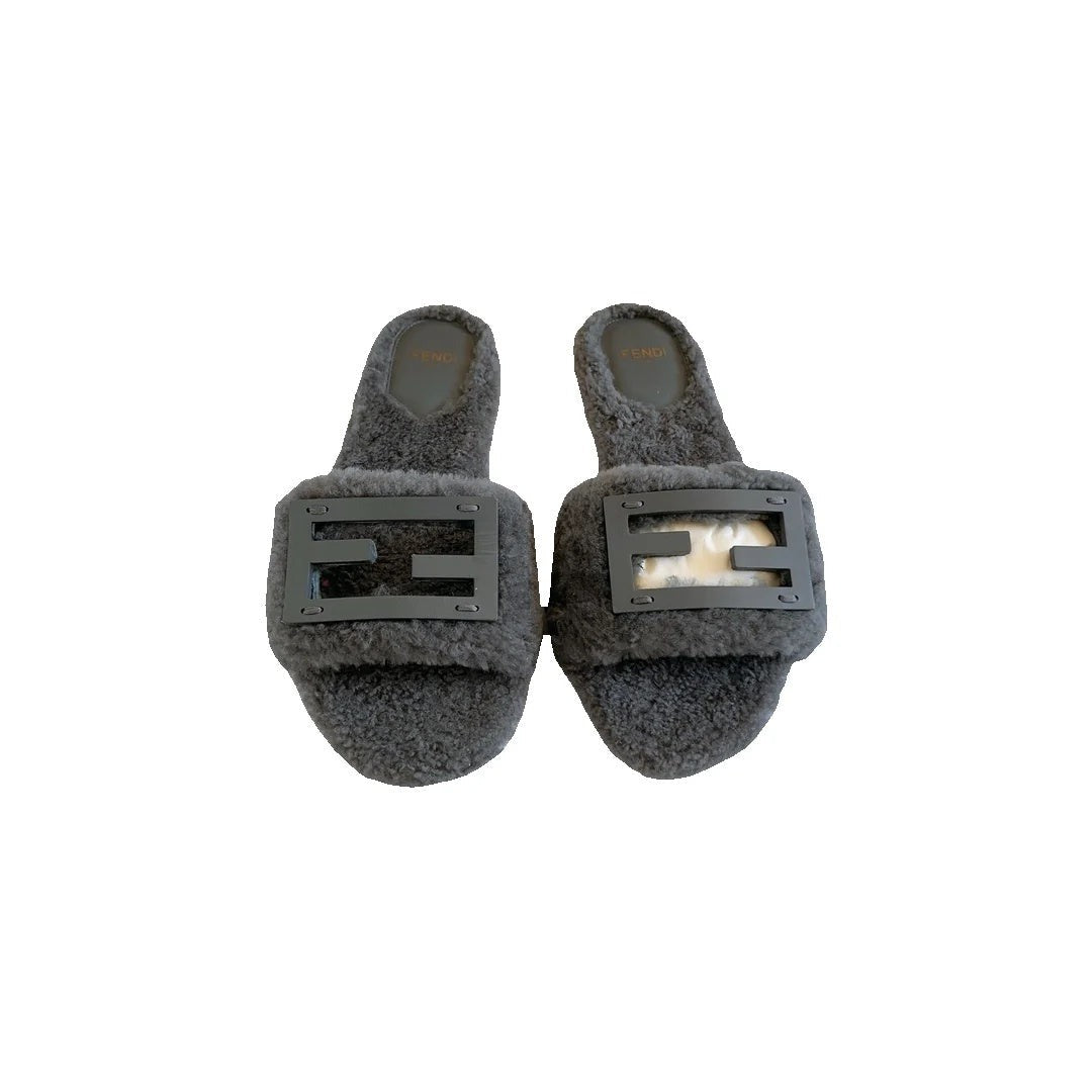 Fendi Shearling FF Baguette Slide Sandal Beige Naturale - Grey