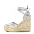 Gucci GG Raffia Monogram Ankle Wrap Platform Espadrille Wedge Sandals - Silver