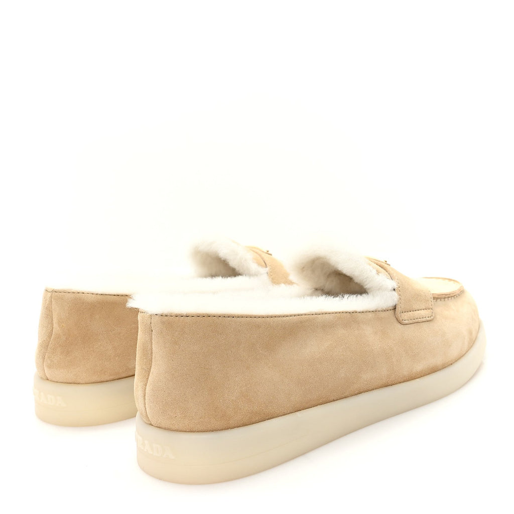PRADA SUEDE SHEARLING TRIANGLE LOGO LUG SOLE MULES BLACK