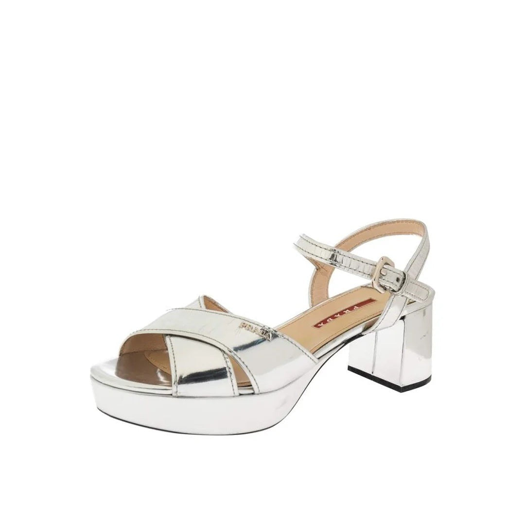 Prada Block Heel Ankle Strap Sandal - Silver